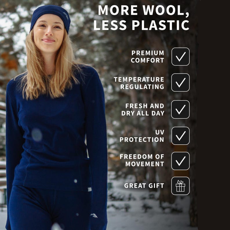May include: A woman wearing a navy blue beanie, long-sleeve shirt, and pants. The text on the image reads "MORE WOOL, LESS PLASTIC" and lists features like premium comfort, temperature regulating, and UV protection.