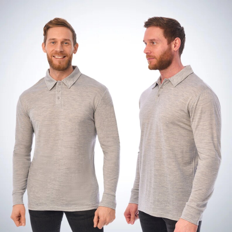 Merino wool shirt for men, casual polo shirts, long sleeve polo, thermal underwear, undershirt Heather Grey