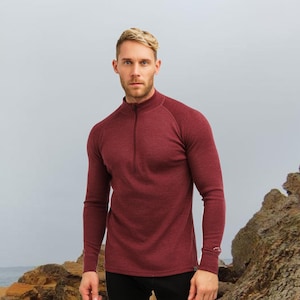 Merino wool shirt: Merino base layer quarter zip jumper, thermal long sleeve quarter zip sweater, zippered sweatshirt, gymwear men