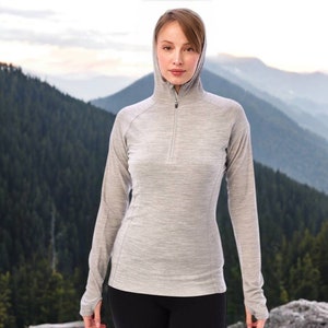 Hoodie for Women, Organic Merino Wool Half Zip Sweater, Stylish Outdoor Hiking Wool Clothes for Women, Premium Merino 190gsm