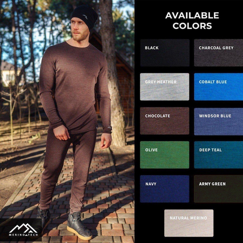 Men workout clothes: workout leggings merino wool Long Johns + Socks, Merino Base Layer Thermal Undewear Wool Mens Pants, Midweight 250 gsm image 9