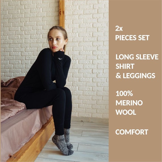 Premium Wool set: Long Sleeve Shirt & Leggings, Womens Merino Wool Underwear Kit, Thermal Base Layer, Organic Activewear, Merino 165 gsm