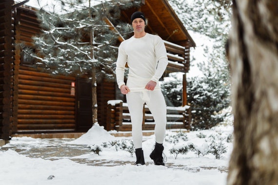 Base Layer Set - Merino Wool 100% Natural Long Sleeve Shirt & Leggings, Organic Men's Pajamas, Soft Winter Underwear and Loungewear