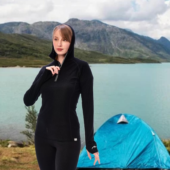 Merino wool thermal lightweight hoodie ladies gym wear, hiking clothes half zip hoodie ladies running gear, half zip sweatshirt, runner gear