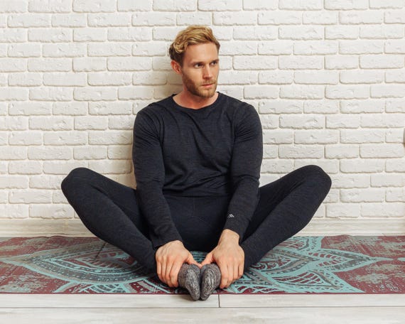 Men workout clothes: workout leggings merino wool Long Johns + Socks, Merino Base Layer Thermal Undewear Wool Mens Pants, Midweight 250 gsm