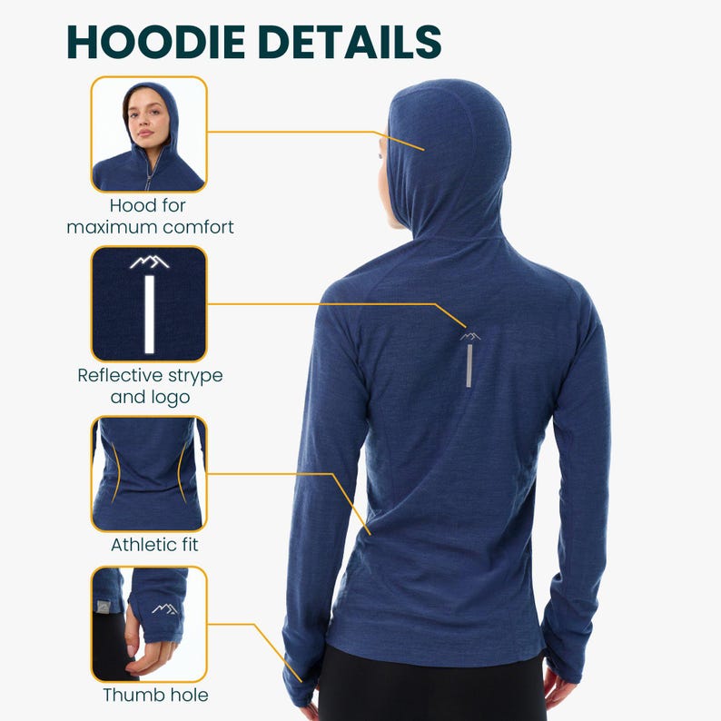 Merino wool hoodie base layer thermal shirts, zipper hoodie, lightweight hoodie, runner gear, gymwear bild 13