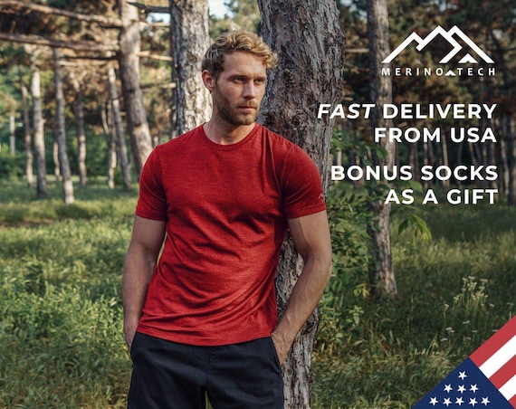 Men's Tee: Merino Wool T-Shirt + Socks, Lightweight Short Sleeve Shirt, Breathable Crewneck Top, Activewear Men, Sustainable Clothing