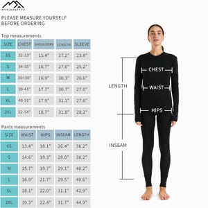 K&ouml;nnte beinhalten: Eine Frau in schwarzer Thermokleidung steht neben einer Ma&szlig;tabelle. Die Tabelle enth&auml;lt Ober- und Hosenma&szlig;e in cm f&uuml;r die Gr&ouml;&szlig;en XS bis 2XL, einschlie&szlig;lich Brust, Schultern, L&auml;nge, &Auml;rmel, Taille, H&uuml;fte, Schrittl&auml;nge und L&auml;nge. Der Text lautet: "BITTE MESSEN SIE SICH VOR DER BESTELLUNG."