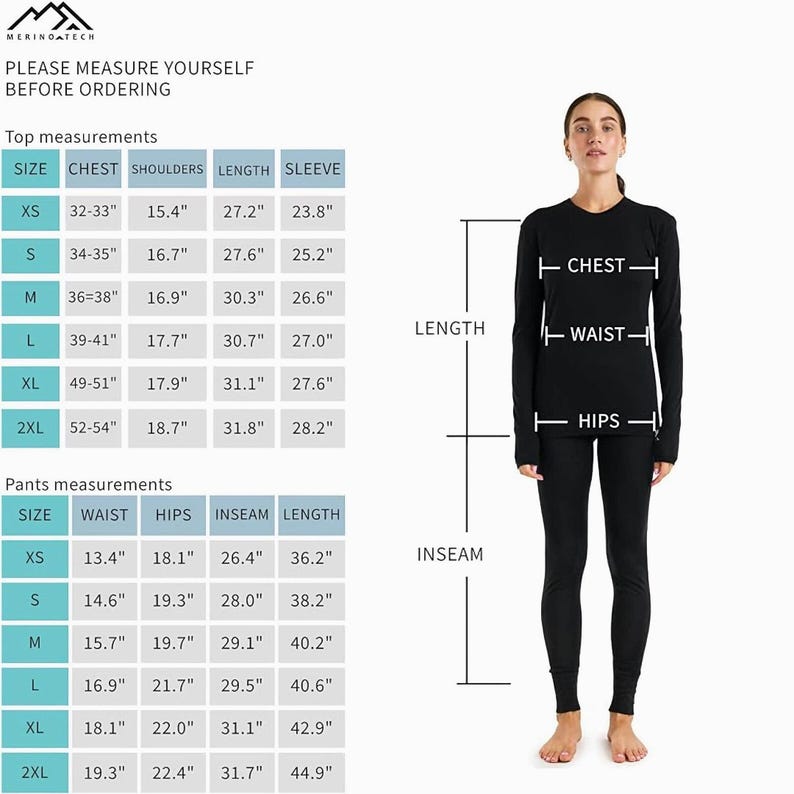 K&ouml;nnte beinhalten: Eine Frau in schwarzer Thermokleidung steht neben einer Ma&szlig;tabelle. Die Tabelle enth&auml;lt Ober- und Hosenma&szlig;e in cm f&uuml;r die Gr&ouml;&szlig;en XS bis 2XL, einschlie&szlig;lich Brust, Schultern, L&auml;nge, &Auml;rmel, Taille, H&uuml;fte, Schrittl&auml;nge und L&auml;nge. Der Text lautet: "BITTE MESSEN SIE SICH VOR DER BESTELLUNG."