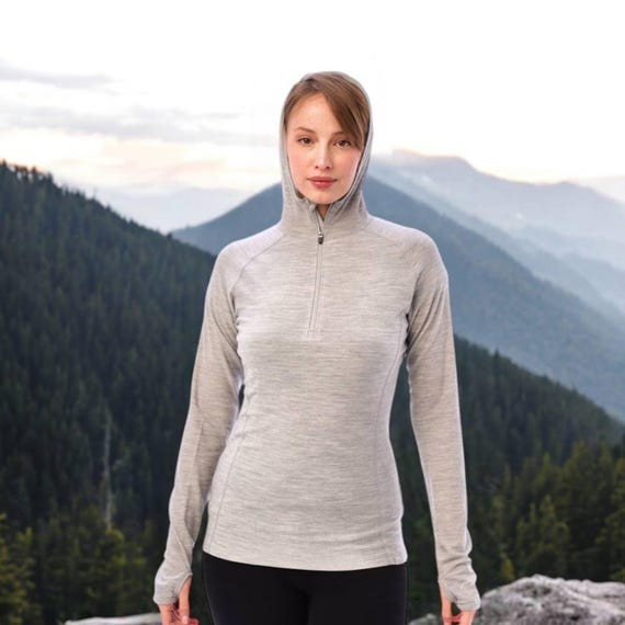 Hoodie for Women, Organic Merino Wool Half Zip Sweater, Stylish Outdoor Hiking Wool Clothes for Women, Premium Merino 190gsm