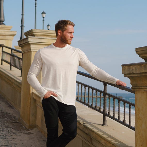 Men's Natural Wool Base Layer: Merino Wool Long Sleeve T-Shirt, Organic Crewneck Lounge Wear, Thermal Activewear, Mens Sweatshirt