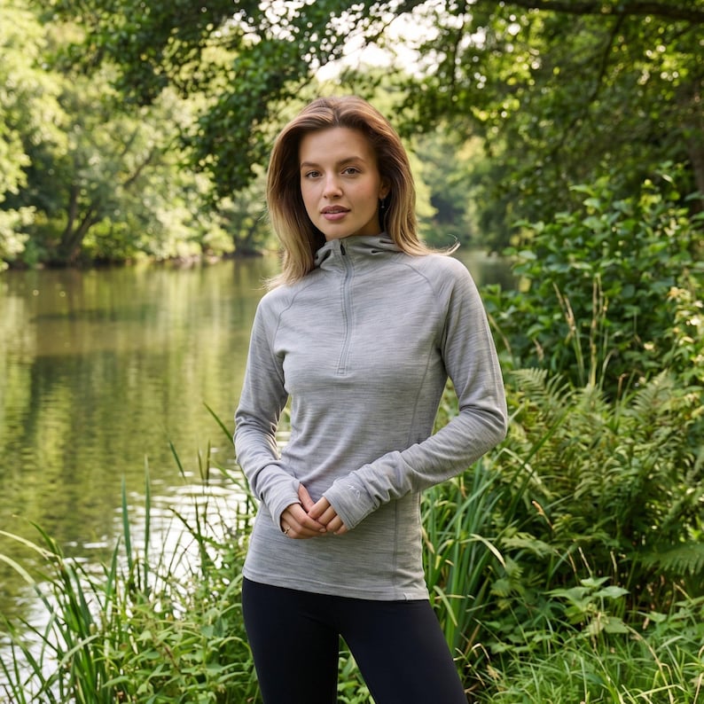 Merino wool hoodie base layer thermal shirts, zipper hoodie, lightweight hoodie, runner gear, gymwear bild 3