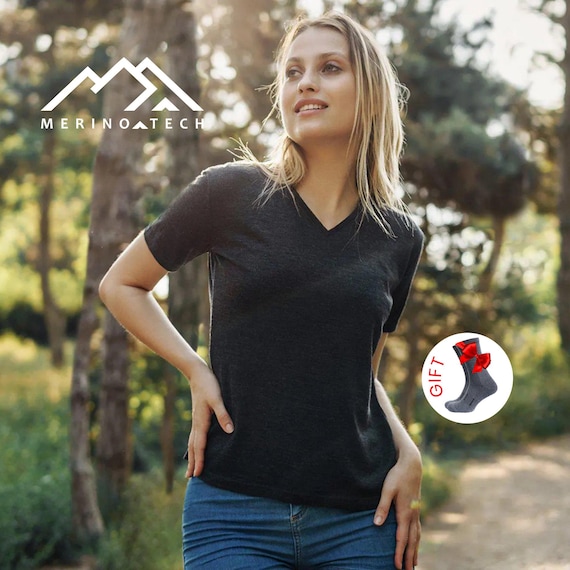 Merino wool t-shirt: female v neck tshirt ladies running gear women running outfit, gym wear ladies summer shirt, running clothes undershirt