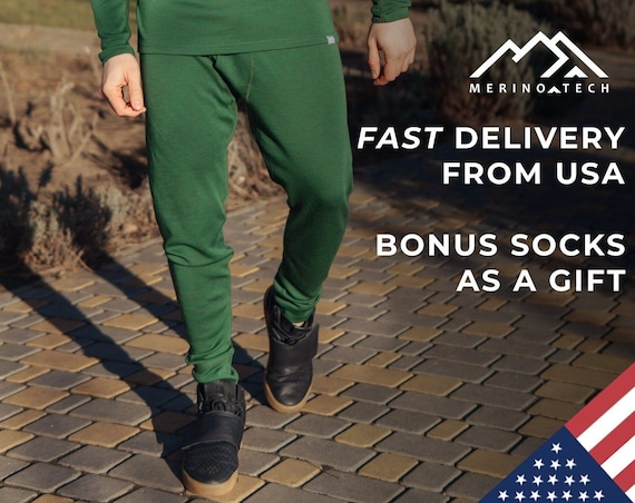 Merino Wool Pants + Hiking wool Socks | Organic Thermal Underwear | Merino Wool Lightweight Base Layer Bottoms for Men