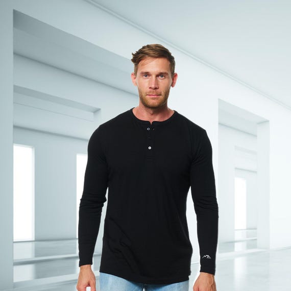Henley shirts men: mens henley shirt, mens henley tee, mens henley t-shirt, merino base layer henley top, mens base layer thermal shirts