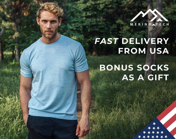 Men's Shirt: Organic Merino Wool T-Shirt + Socks, Soft Crewneck Base Layer Top for Running & Hiking, Nature Clothing, gift for Men
