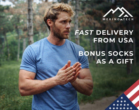 T-Shirt for Men | Organic Merino Wool Men's T-Shirt + Hiking Socks | Lightweight Short Sleeve Shirt, Crewneck Tee, Thermal Wool Underwear