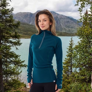 Merino wool hoodie base layer thermal shirts, zipper hoodie, lightweight hoodie, runner gear, gymwear Deep Teal