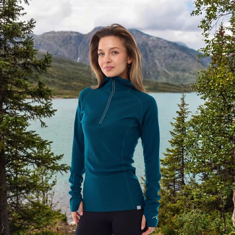 Merino wool hoodie base layer thermal shirts, zipper hoodie, lightweight hoodie, runner gear, gymwear Deep Teal