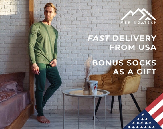 Organic Merino Wool Pants + Hiking Socks, Men's Wool Base Layer Lightweight Thermal Underwear Bottoms, Lounge & Activewear for Men