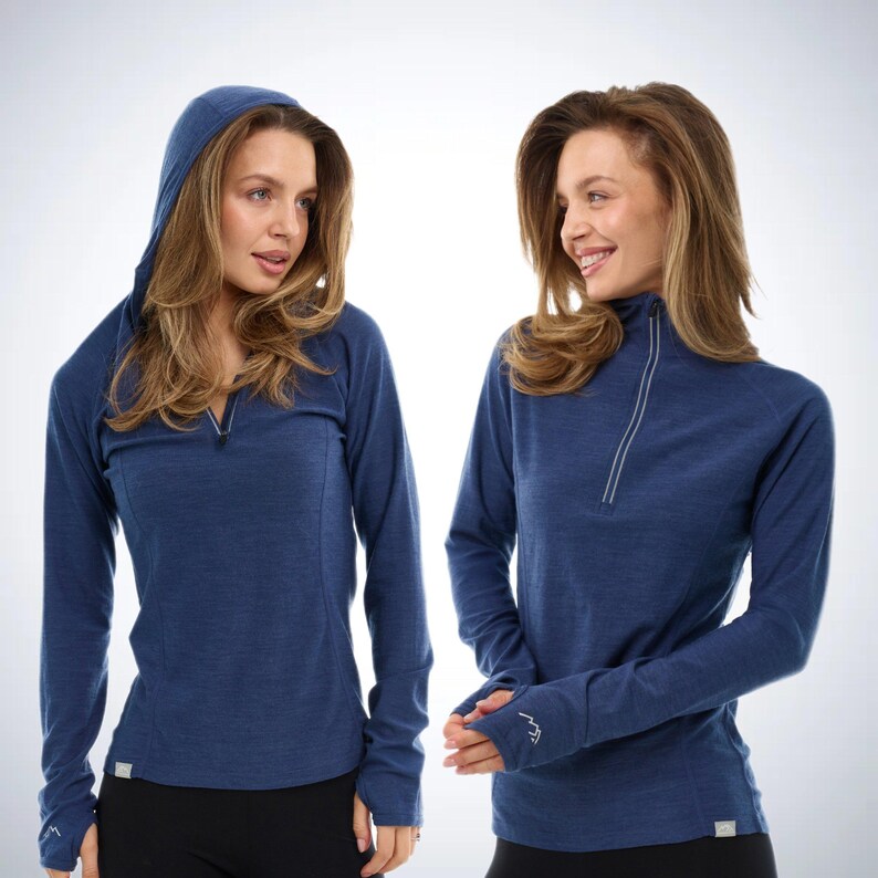 Merino wool thermal long sleeve half zip hoodie ladies gym wear, plain hoodie, hiking clothes ladies running gear, half zip sweatshirt Windsor Blue