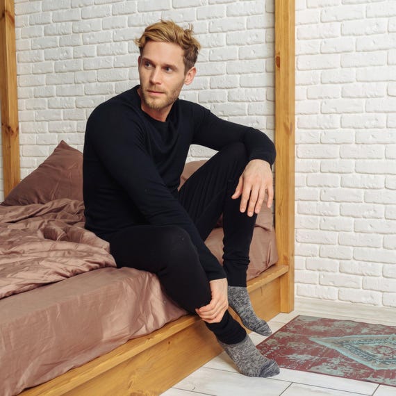 Merino Wool Base Layer Mens Set, Lite Thermal Underwear For Men: Long Sleeve Shirt & Leggings, Loungewear, Lightweight 165 gsm