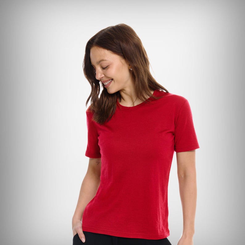 Merino t-shirt: womens base layer merino wool shirt, gymwear, runner gear, hiking clothes Cherry Red