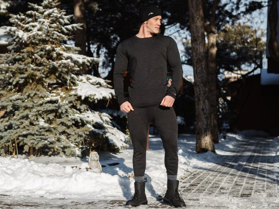 Men Base Layer Set | Organic Merino Wool Set: Pullover Sweatshirt & Leggings | Thermal Underwear, Mens Lounge Wear, Merino Midweight 250 gsm