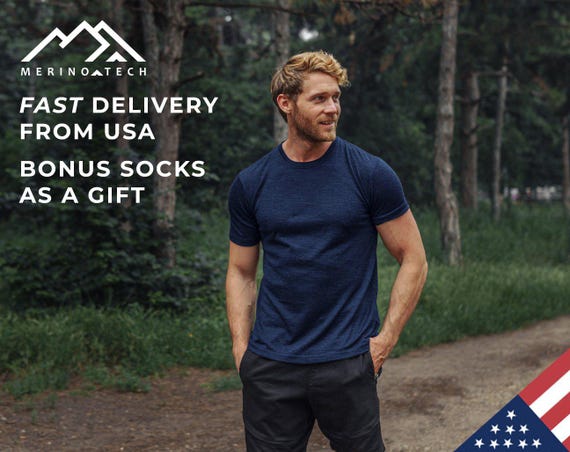 Mens T-Shirt - Organic Merino Wool Shirt + Hiking Socks, Lightweight Crewneck Short Sleeve Tee for casual look & sporty outfit