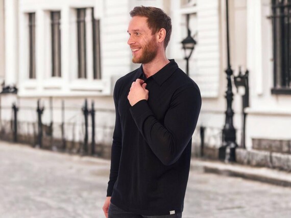 Long Sleeve Polo Shirt for Men | Classic Black Merino Wool Top | Ultra Lightweight Thermal Long Sleeve Tee | Organic mens wear Gift for Him