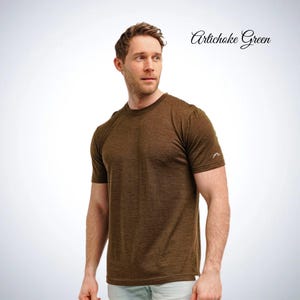 Merino wool shirt: merino base layer thermal shirts, mens running gear, wool t-shirt, gymwear men, mens hiking clothes, thermal underwear Artichoke Green