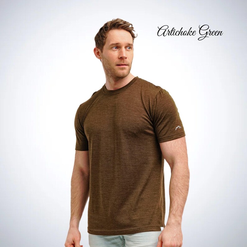 Merino wool shirt: merino base layer thermal shirts, mens running gear, wool t-shirt, gymwear men, mens hiking clothes, thermal underwear Artichoke Green