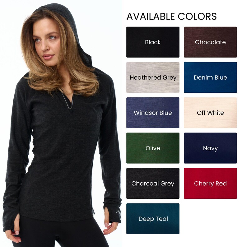 May include: A dark gray hooded long-sleeve shirt with a zipper at the neckline. The shirt has thumb holes and is shown with a variety of available colors, including black, chocolate, and denim blue. The text "AVAILABLE COLORS" is at the top.
