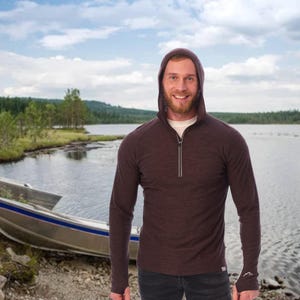 Merino base layer half zip hoodie, thermal long sleeve lightweight hoodie, mens hiking clothes, half zip sweatshirt, runner gear, gymwear