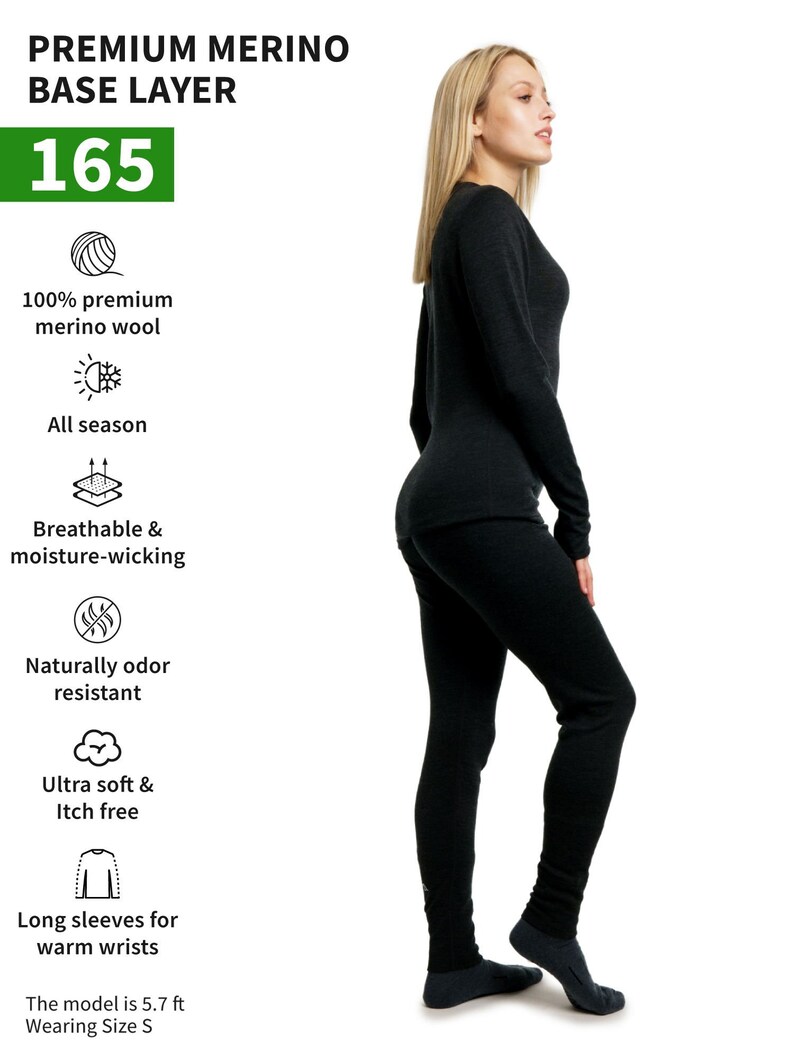 2 Piece Set Long Sleeve Shirt & Leggings, Women's Merino Wool Underwear ...