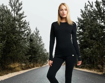 Womens Base Layers Set: Merino Wool Sweatshirt & Leggings, Merino Wool Set Longsleeve Shirt + Pants, Activewear, Thermal Underwear