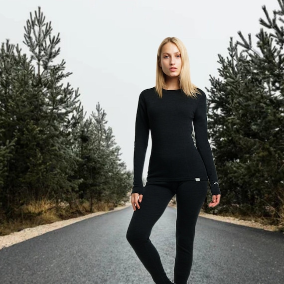Womens Base Layers Set: Merino Wool Sweatshirt & Leggings, Merino Wool Set Longsleeve Shirt + Pants, Activewear, Thermal Underwear
