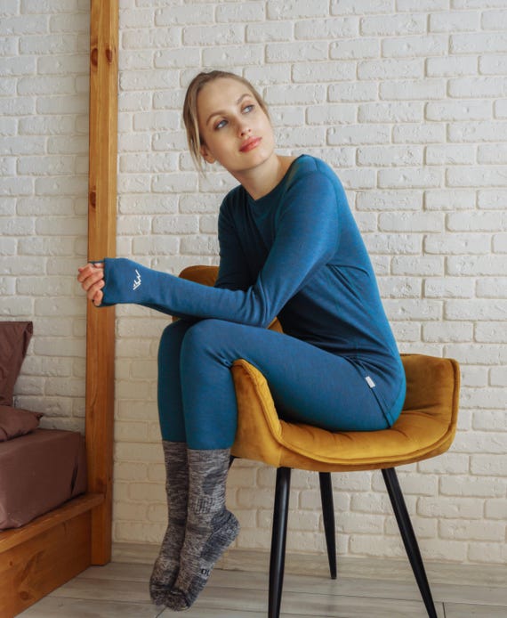 Loungewear Set: Womens Merino Wool Matching Long Sleeve Tee & Leggings, Organic Yoga Apparel, Soft Sustainable Workout Clothes Gift for Her