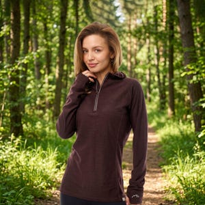 Merino wool hoodie base layer thermal shirts, zipper hoodie, lightweight hoodie, runner gear, gymwear Chocolate