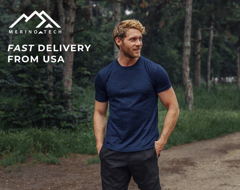Thermal shirts - Merino wool shirt, men's thermal tee, hiking clothes, merino base layer mens undershirt, true classic tees, gymwear men Navy