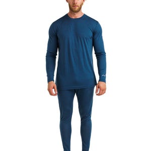 Merino wool thermal set mens base layer long underwear, mens loungewear set, merino base layer thermal wear, lounge wear set, long johns Denim Blue