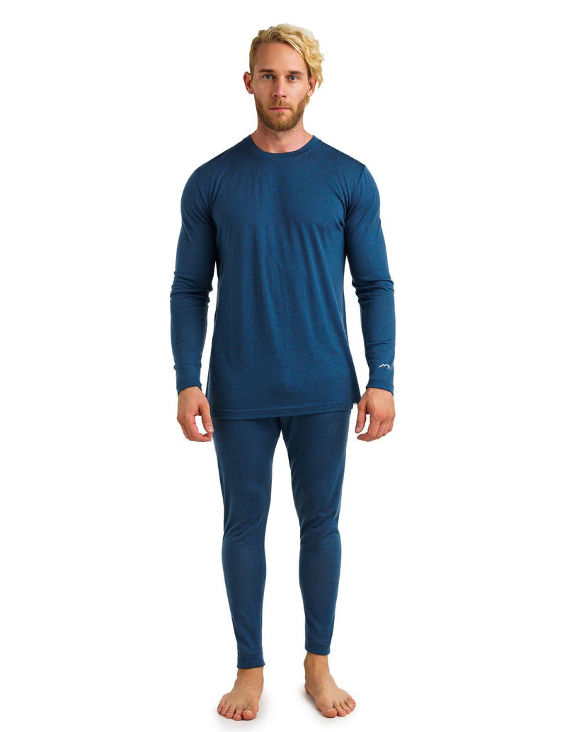 Merino wool thermal set mens base layer long underwear, mens loungewear set, merino base layer thermal wear, lounge wear set, long johns Denim Blue