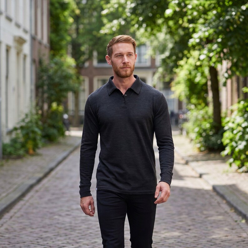 Merino wool shirt for men, casual polo shirts, long sleeve polo, thermal underwear, undershirt image 4