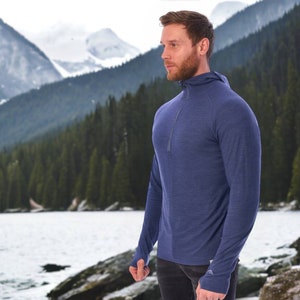 Men's Quarter 1/4 Zip Sweatshirt, Quarter Zip Pullover Sweater, Merino Wool Hoodie 190gsm, Man Hooded Top, Outdoor Men's Long Sleeve Hoodie image 3