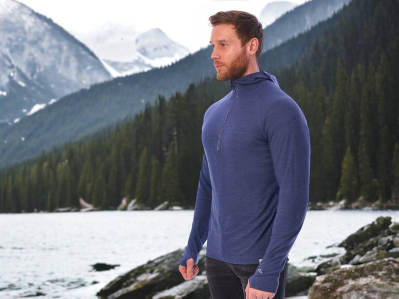 Men's Quarter 1/4 Zip Sweatshirt, Quarter Zip Pullover Sweater, Merino Wool Hoodie 190gsm, Man Hooded Top, Outdoor Men's Long Sleeve Hoodie image 3