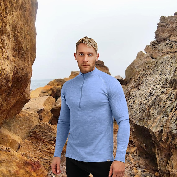 Merino base layer long sleve top: merino wool shirt, mens hiking clothes, zippered sweatshirt, thermal long sleeve half zip sweater, gymwear