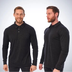 Merino wool shirt for men, casual polo shirts, long sleeve polo, thermal underwear, undershirt Charcoal