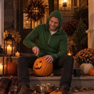 May include: A dark green long-sleeve hooded pullover with a quarter-zip neckline, worn with dark denim jeans. The garment features a small logo on the left sleeve cuff and is shown in a setting with pumpkins and lanterns.