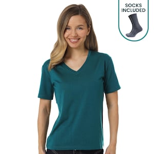 May include: Teal V-neck t-shirt with short sleeves. The shirt is made of a soft material. A graphic shows a pair of gray socks, with the text "Socks Included".