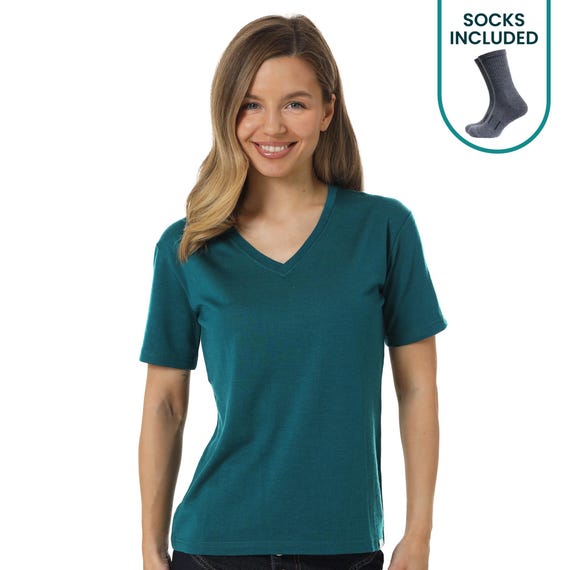 Merino Base Layer Shirt Women, Merino Wool T-Shirt female V-neck tshirts ladies gym wear, hiking clothes women thermal underwear, undershirt